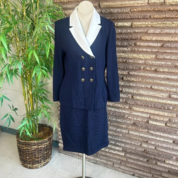 St. John Collection Navy Blue Santana Knit Nautical White Collar Skirt Suit - Picture 2 of 11